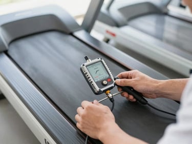 Technician's hands using a belt tension gauge on a treadmill walking belt, clean tools, bright natural daylight, 50mm