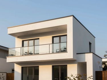 Professional architectural photography of a modern two-story duplex elevation, bright golden-hour daylight, clean lines, sharp focus, 35mm lens