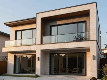 Professional architectural photography of a luxurious modern villa facade, warm twilight lighting, large glass windows, sharp focus, 35mm lens