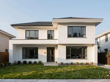 Professional architectural photography of a modern single-story flat roof house, bright morning daylight, manicured lawn, sharp focus, 35mm lens