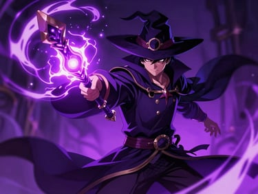 Dramatic cinematic illustration of a dark magician casting a spell with a glowing staff, purple neon energy
