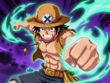 Dynamic anime digital illustration of a straw-hat pirate captain punching with stretched arms, glowing teal and purple aura