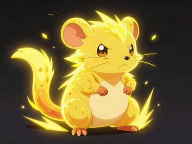 Vibrant digital illustration of a fiery electric rodent character radiating neon yellow sparks, sharp anime card art style