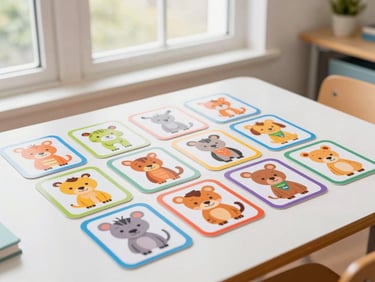 Isometric mockup of colorful primary school flashcards with animal illustrations under bright classroom window light