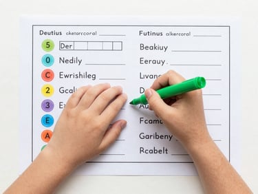 Top-down flatlay of a child's hands holding a bright green marker over a printed English vocabulary worksheet