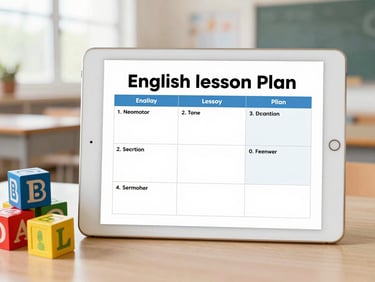 Clean mockup of an English lesson plan PDF displayed on a white tablet next to colorful wooden blocks