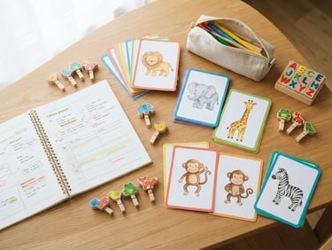 Bright editorial photography of printed English lesson plans, colorful flashcards with illustrations of animals, and wooden markers on a clean light-colored wooden table, bright natural morning light, 35mm