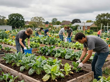 A vibrant green community garden in Birmingham, local volunteers planting vegetables under soft overcast daylight, wide shot.