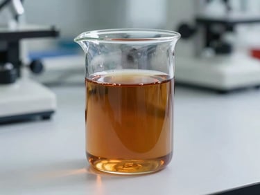 Clear light brown liquid in a laboratory beaker, technical studio lighting, clean industrial photography