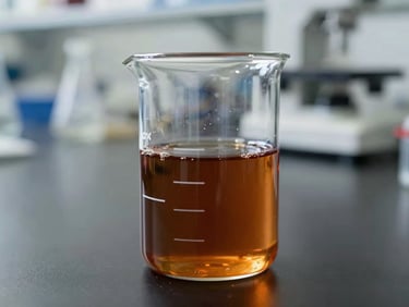 Brown liquid in a laboratory beaker, stable composition, technical studio lighting, clean industrial photography