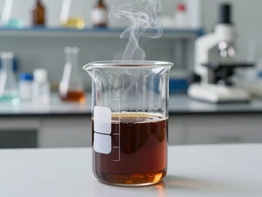 Dark brown liquid in a laboratory beaker, strong smoky aroma, technical studio lighting, clean industrial photography