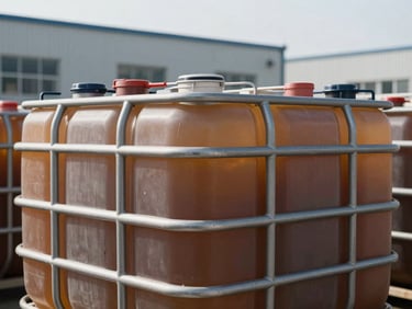 1000-liter intermediate bulk container (IBC) tote, industrial facility background, clean and sharp focus.