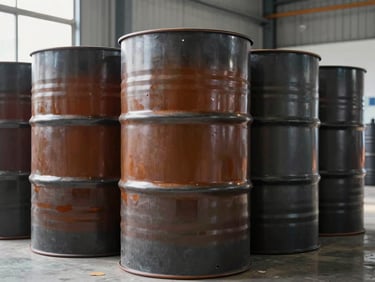 200-liter metal barrel for wood vinegar, stacked cleanly in a modern warehouse, technical studio lighting.