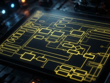Sleek 2D game development blueprint on a dark glowing screen, GDevelop event sheet wireframe, sharp yellow neon accent lines, 35mm macro lens
