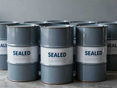 Sealed industrial chemical drums with clear technical labeling, organized clean storage environment, cool light.