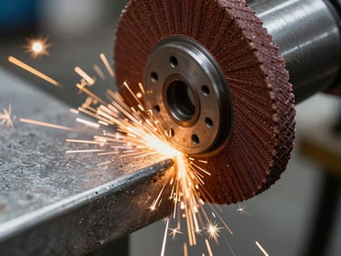 Precision industrial grinding wheel contacting a metal edge, sharp high-speed capture of clean sparks.