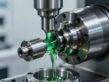 Extreme close-up of a high-precision CNC machining spindle in action, cool-toned bright lighting, vibrant technological green fluid flowing over a pristine metal part, sharp reflections.