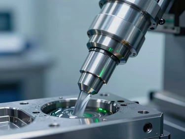High-key, cool-toned macro shot of a pristine CNC machining spindle in active fluid flow over a metallic workpiece. Cool blue and sharp technological green reflections on polished steel surfaces, clean aerospace laboratory setting.