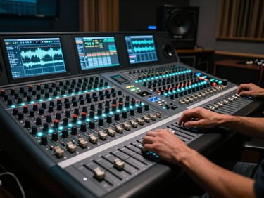 Wide shot of a music producer's hands on a large mixing console in a dark studio, multiple screens showing DAW waveforms and EQ curves, cool cyan LED underlighting illuminating the faders, deep shadows in background, overhead angle slightly tilted