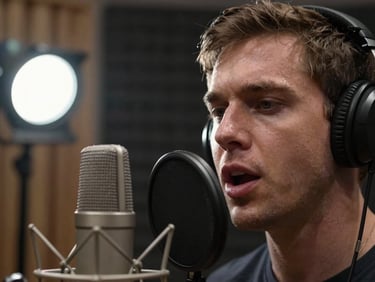 Close-up of an artist mid-vocal in a recording booth, microphone in foreground sharp, face lit by a single cool studio strobe from the left, acoustic foam panels visible behind, expression focused and intense