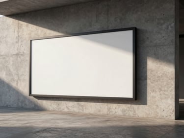 Cinematic wide shot of a minimalist high-fashion billboard on a clean concrete gallery wall, sharp directional shadows, dramatic evening light