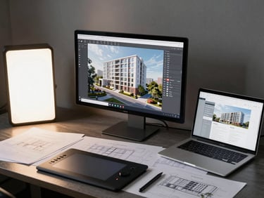 Wide overhead shot of a professional architecture studio workspace, a large monitor showing a photorealistic 3D building rendering on screen, beside it an open laptop displaying a property website layout, architectural drawings spread across a dark desk surface, a stylus resting near a drawing tablet, soft directional studio lighting from the left, clean and technical atmosphere, no people visible
