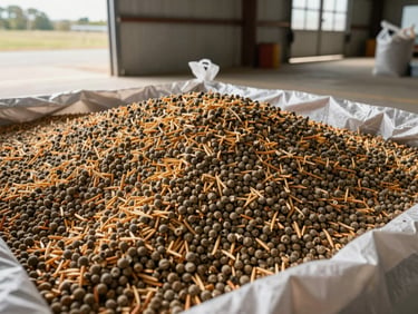Wide shot of cattle feed pellets and grain mix in an open bulk bag on a warehouse floor, bright natural daylight from loading bay doors, texture and colour variation of feed visible, no people