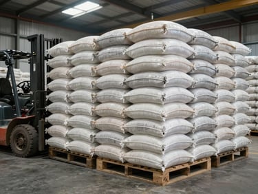 Wide shot of stacked 50 kg atta sacks in a bulk warehouse bay, forklift visible at left edge, bright overhead industrial lighting, rows of identical sacks extending into background, operational scale evident