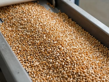 Overhead shot of raw wheat grain spread across a sorting conveyor belt in a grain processing facility, natural daylight, grain kernels sharp and golden-brown, facility machinery partially visible at edges