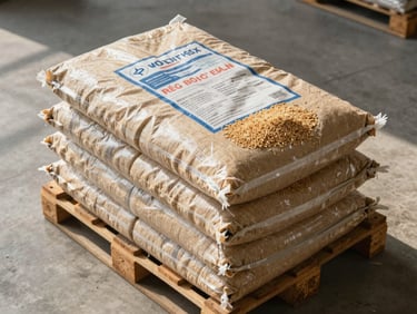 Overhead shot of a 50 kg woven polypropylene sack of whole wheat atta sealed and stacked on a warehouse pallet, bright natural daylight, label visible, clean concrete floor, no people