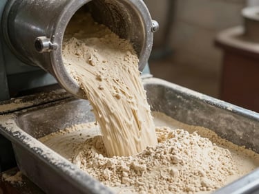 Close-up of fresh chakki-ground atta flowing from a chakki mill outlet into a collection tray, natural daylight, fine flour texture visible, milling machinery in background, operational facility setting
