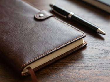 Extreme close-up of a premium leather-bound notebook and a sleek pen on a dark wooden desk, soft warm light reflecting off metal details, clean minimalist workspace.