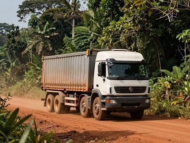 Heavy transport truck moving on a red clay road through the dense green forest canopy of Cameroon, high-contrast sunlight