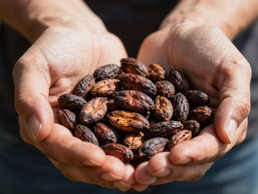Macro close-up of high-quality fermented Cameroonian cocoa beans held in experienced hands, natural bright sunlight highlighting the rich brown texture.