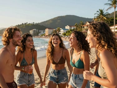 A group of friends laughing on a sunny beach in Gramado or Santa Catarina, warm golden-hour light, joyful atmosphere, 35mm lens.