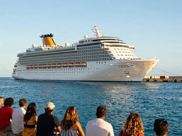 A modern cruise ship docked at a sunny Brazilian port, bright blue ocean water, warm daylight, 35mm lens.