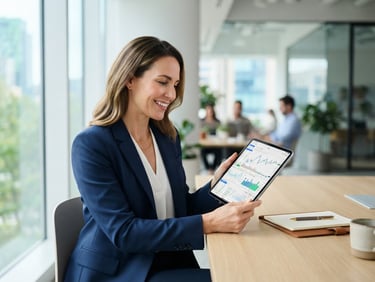 Professional woman in a bright, modern office looking confidently at a tablet with financial charts, soft natural light, shallow depth of field, green and blue tones.