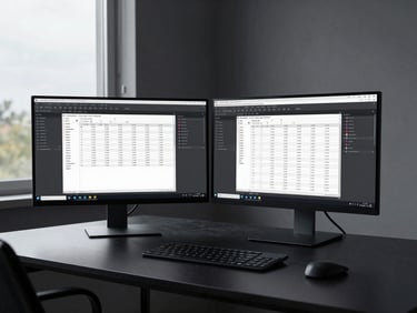 Wide environmental shot of a dark minimal desk setup with two monitors showing active workflow automation diagrams and scheduled post queues, cool overcast daylight from a side window, high contrast, no people