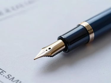 Macro shot of a high-end fountain pen resting on a financial document, soft lighting, deep blue and gold tones, professional corporate photography, 35mm