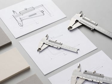 Overhead flat-lay of technical product design sketches, callipers, raw material samples on a clean gray studio table, soft diffused lighting, 35mm