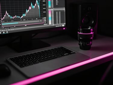 High-contrast black-and-white workspace detail with a sharp neon pink overlay showing performance graphs, dramatic low-key studio lighting
