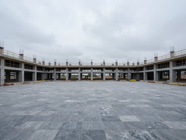 Modern construction site in progress, empty, with structural elements visible, cool overcast daylight, wide-angle structural perspective, desaturated slate and concrete tones, sharp focus, 35mm lens