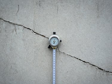 Extreme close-up of a crack in a concrete wall with measuring instruments, sharp focus, cool overcast daylight, desaturated slate and concrete tones, 35mm lens