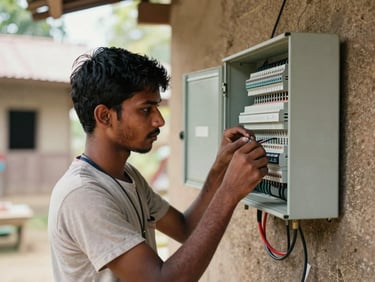 A young Indian man in a rural workshop wiring an electrical distribution board, focused expression, natural light.