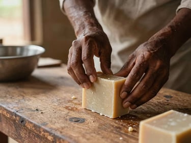A close-up of a rural artisan preparing organic soap blocks on a wooden table, warm rustic kitchen setting, natural light.