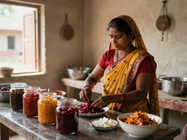 A rural Indian woman preparing organic preserves in a clean, sunlit community kitchen, warm documentary style.