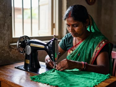 A rural Indian woman carefully operating a black sewing machine, stitching green fabric, soft window light, authentic village setting.