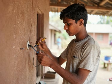 An Indian youth in a rural workshop learning house wiring, holding tools, focused expression, warm natural daylight.