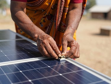 Close-up of a rural Indian woman's hands carefully assembling a solar panel terminal under warm natural light, authentic village setting.