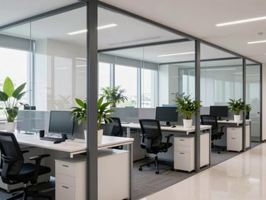 Collaborative modern office space in Bengaluru, India, with glass partitions and green plants, bright natural daylight, editorial medium-close shot, sharp focus